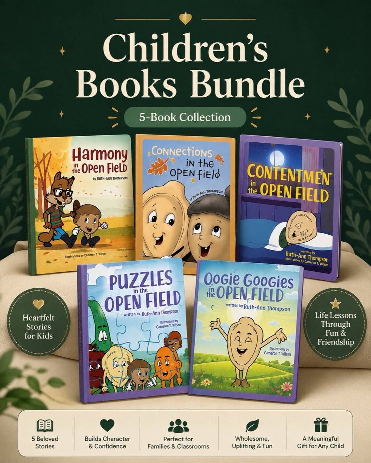 The Children’s Books Bundle: all five Open Fielders titles stood together, Harmony, Connections, Contentment, Puzzles and Oogie Googies in the Open Field