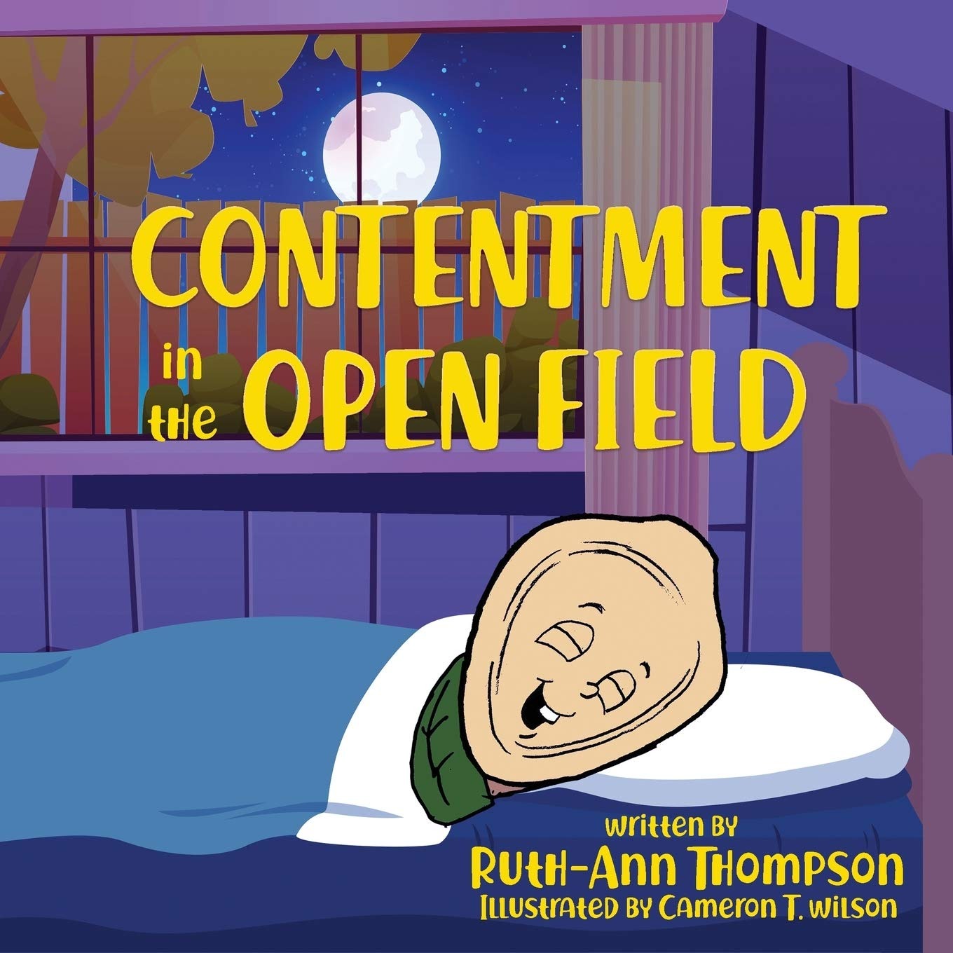 The cover of Contentment in the Open Field, showing an illustrated acorn character sleeping peacefully in bed under a full moon
