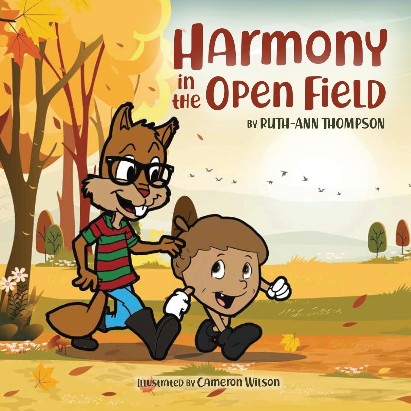 The cover of Harmony in the Open Field, showing an illustrated squirrel in glasses walking with a child through a golden autumn field