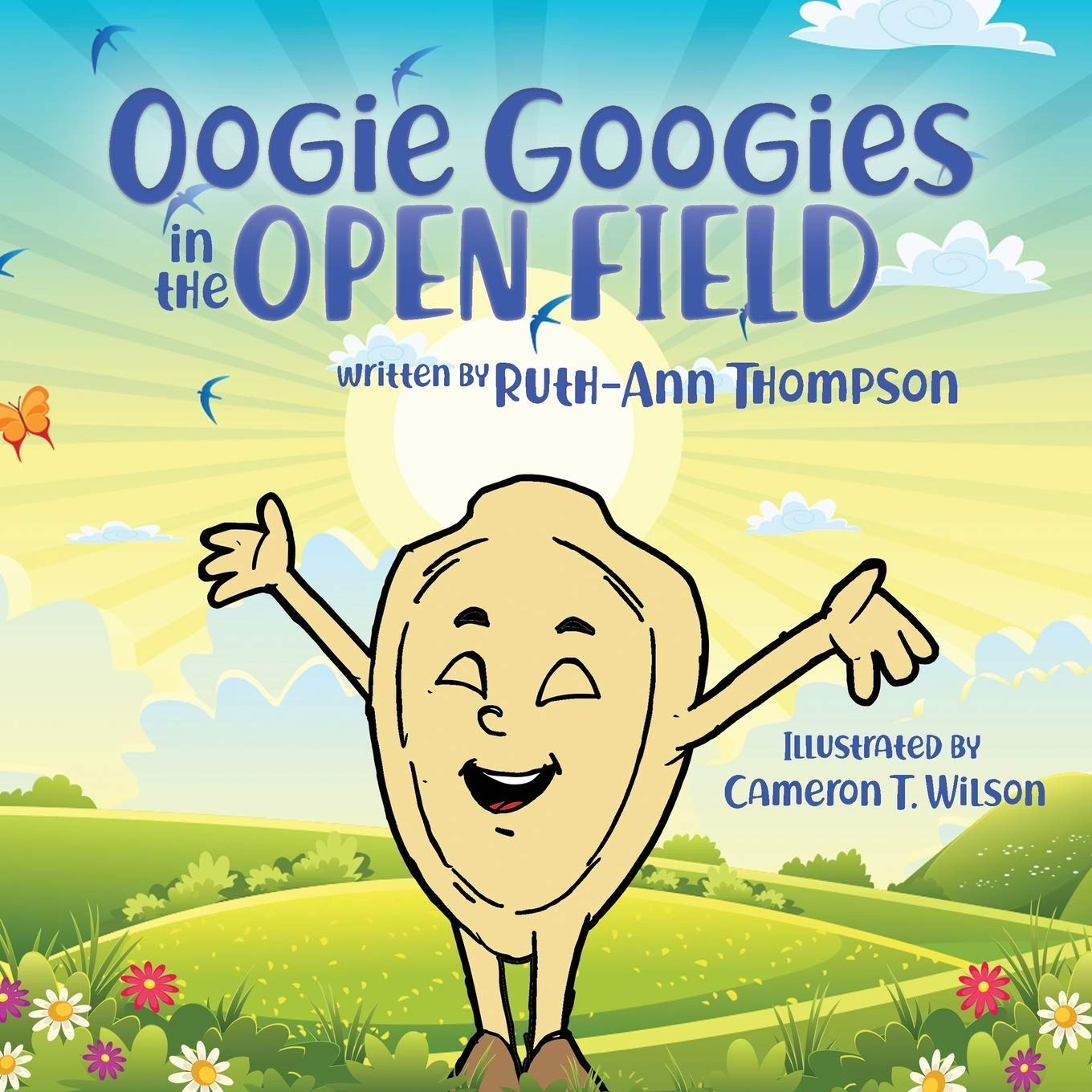 The cover of Oogie Googies in the Open Field, showing a smiling illustrated acorn character with arms flung wide against a sunrise