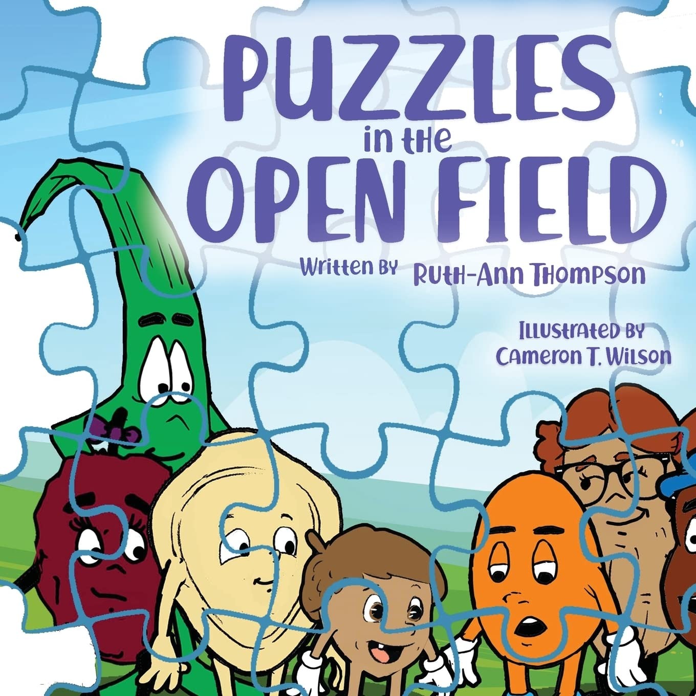 The cover of Puzzles in the Open Field, showing illustrated fruit and vegetable characters assembled as jigsaw-puzzle pieces